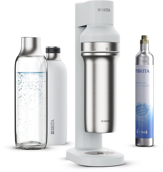 Brita - sodatrio - bruiswatertoestel - soda - wit - incl. 1 flesvoet, 1 co2 cilinder, 1 glazen fles, 1 kleine rvs fles - met cashback (enkel in belgië - tot €20 terugbetaald)