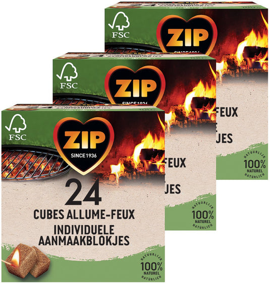 Zip aanmaakblokjes 72 stuks - openhaard bbq blokjes - individueel verpakt - aanmaakblokjes bruin - keramische barbecue - natuurlijk en geurloos - 3 x 24 stuks