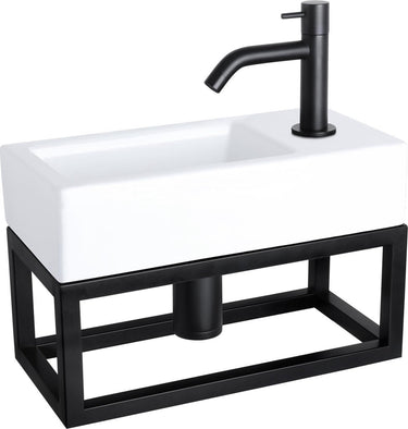 Differnz ravo fonteinset - 38.5x18.5x25cm - rechthoek - 1 kraangat - gebogen matte zwarte kraan - met zwart frame - keramiek wit