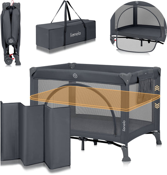 Lionelo laura - compact 3 in 1 campingbedje, box babybed - lichtgewicht - 2 hoogtes - wielen met rem - gaas zijpanelen peuter ingang - inclusief draagtas opbergzak - reisbedje