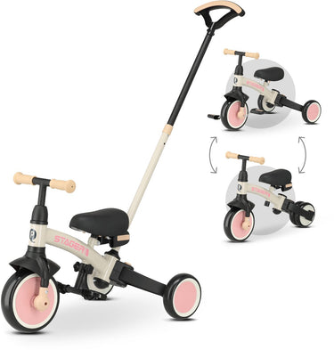 Qplay stager driewieler met duwstang - peuterfiets 3-in-1 opvouwbaar - roze