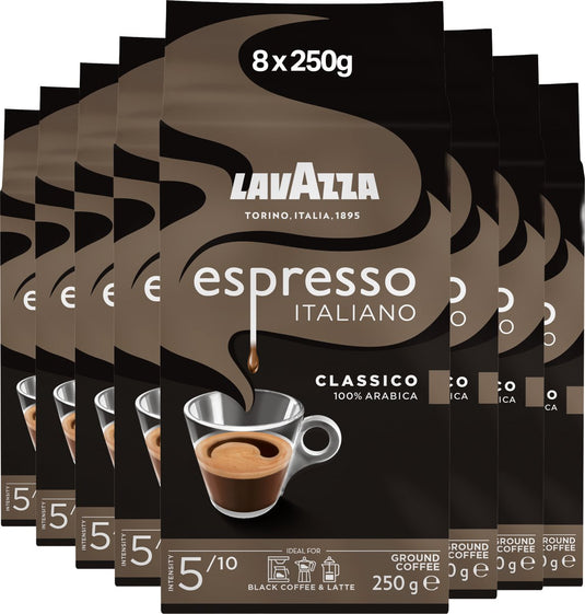 Lavazza espresso italiano classico filterkoffie - gemalen koffie - blend van arabica robusta bonen - intensiteit 5 10 - 8 x 250 gram