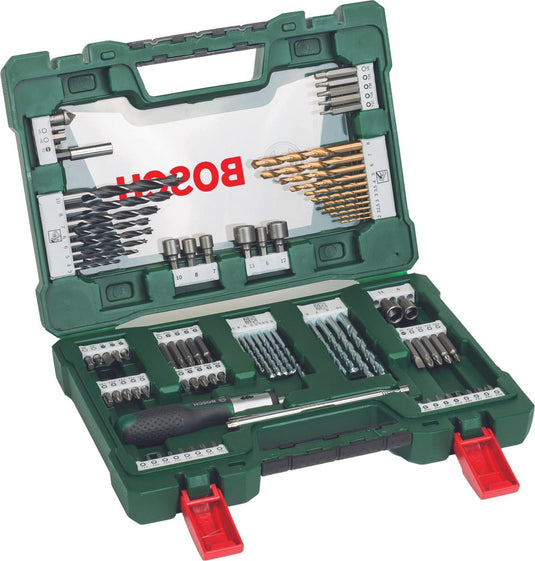 Bosch v-line boren en bitset met ratelschroevendraaier en magnetisch uitschuifbare pen 91-delig