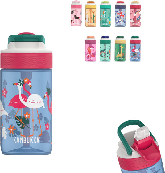 Kambukka lagoon waterfles 400ml -blue flamingo met geïntegreerd rietje - drinkfles voor kinderen
