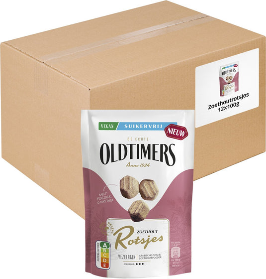 Oldtimers zoethout rotsjes suikervrij zakje (12x 100 gr)