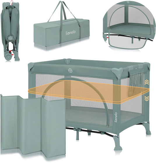 Lionelo laura - compact 3 in 1 campingbedje, box babybed - lichtgewicht - 2 hoogtes - wielen met rem - gaas zijpanelen peuter ingang - inclusief draagtas opbergzak - reisbedje