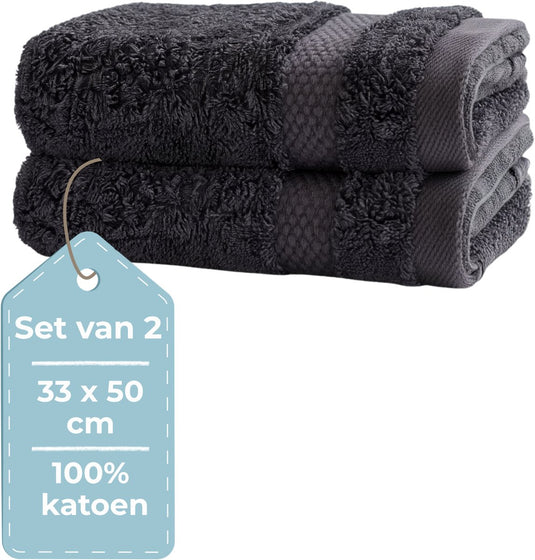 Hush. living hush living - gastendoek - set van 2 - 33×50 cm - 100% katoen - zware kwaliteit 500g m2 - stijlvol boord en ophanglus - antraciet