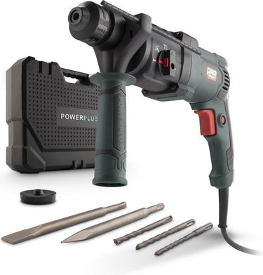 Powerplus elektrische klopboormachine powp3010 - 4 in 1: boren hamerboren beitelen en beitelrotatie, 800 w boormachine, 4 j, sds-plus, 5 accessoires