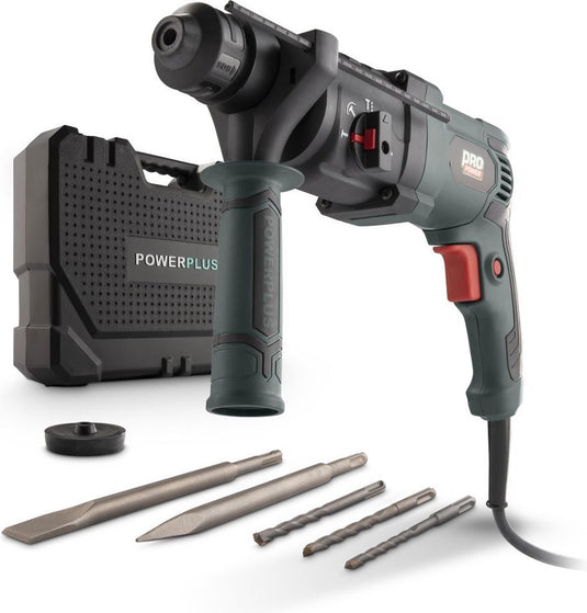 Powerplus elektrische klopboormachine powp3010 - 4 in 1: boren hamerboren beitelen en beitelrotatie, 800 w boormachine, 4 j, sds-plus, 5 accessoires