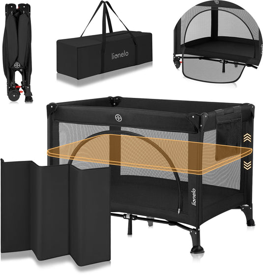 Lionelo laura - compact 3 in 1 campingbedje, box babybed - lichtgewicht - 2 hoogtes - wielen met rem - gaas zijpanelen peuter ingang - inclusief draagtas opbergzak - reisbedje