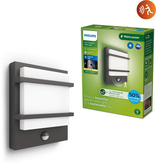 Philips led philips petronia wandlamp - ultra efficient - antraciet - met sensor - 3,8w