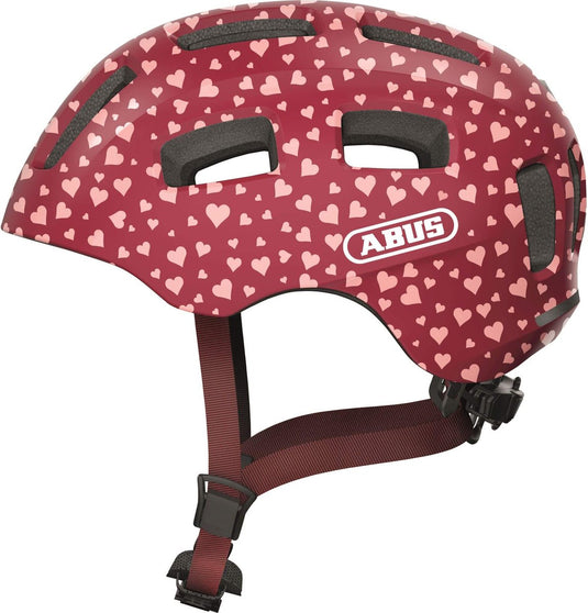 Abus fietshelm youn-i 2.0 - met licht voor kinderen, tieners en jongvolwassenen - voor meisjes en jongens - rood met hartjespatroon, maat s