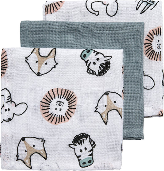 Meyco baby animal monddoekjes - 3-pack - hydrofiel - multicolour - 30x30cm