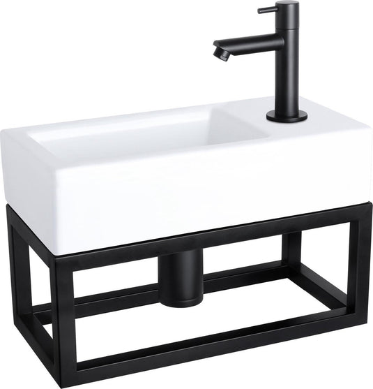 Differnz ravo fonteinset - 38.5x18.5x25cm - rechthoek - 1 kraangat - recht matte zwarte kraan - met zwart frame - keramiek wit