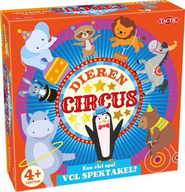 Tactic dierencircus – bordspel – familiespel – extra groot speelbord van 60 cm doorsnede – 5 houten dieren – 4 grote verzameltenten van 24x24 cm - vanaf 4 jaar