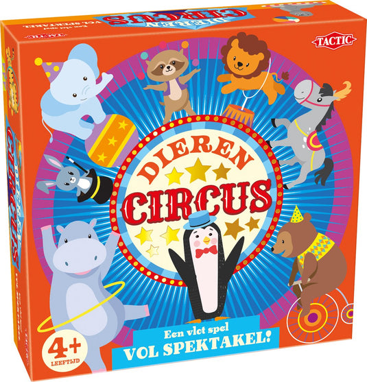 Tactic dierencircus – bordspel – familiespel – extra groot speelbord van 60 cm doorsnede – 5 houten dieren – 4 grote verzameltenten van 24x24 cm - vanaf 4 jaar