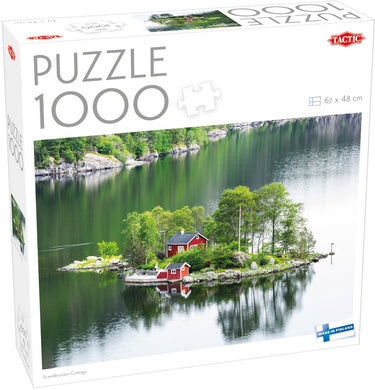 Tactic scandinavian cottage – puzzel – 1000 stukjes – rustig scandinavisch eilandlandschap – rode houten huisjes aan het water – hoogwaardige scandinavische kwaliteit
