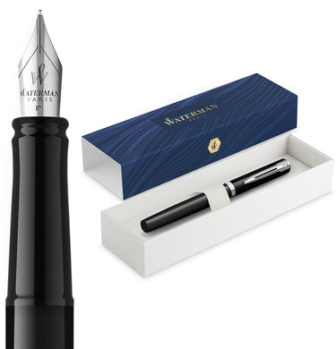 Waterman impression vulpen | medium vulpenpunt met blauwe inktvulling | zwarte lak met palladium-gecoate afwerking | geschenkdoos