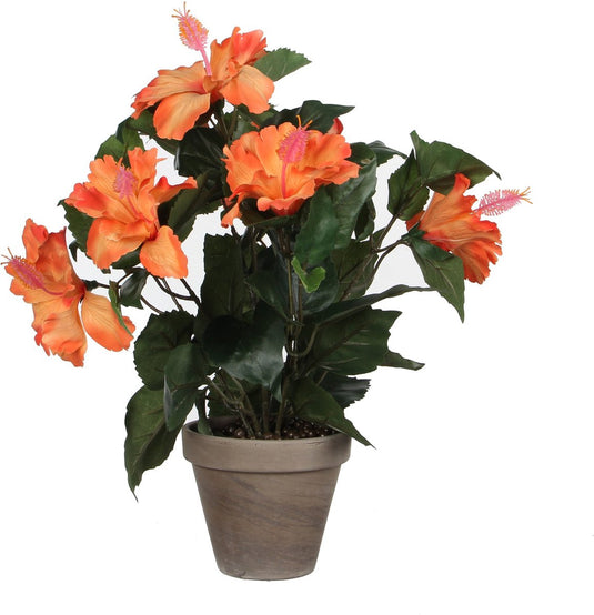 Mica decorations kunstplant hibiscus - oranje - h40 x d30 cm - grijze pot - nepplant - kunstplanten nepplanten met bloemen
