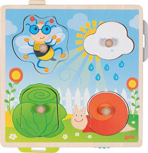 Goki puzzel: in de tuin 21,8x22,5x2,8cm, 4-delig, met achtergrondafbeeldingen, hout, 1+