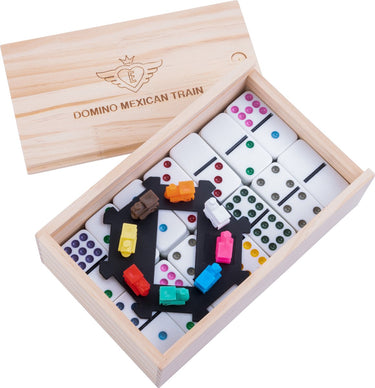 Engelhart domino dubbel 9 mexican train – 55 stenen met gekleurde ogen – inclusief station treintjes – houten kist met schuifdeksel – 50 x 25 mm – gezelschapsspel –