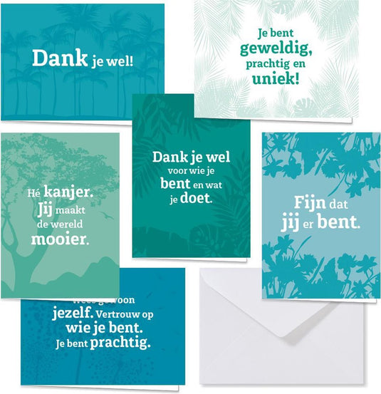 Voor positiviteit - dank je wel wenskaarten - bedankt kaartjes - wenskaarten - set in box - kaartenset met envelop - 36 stuks