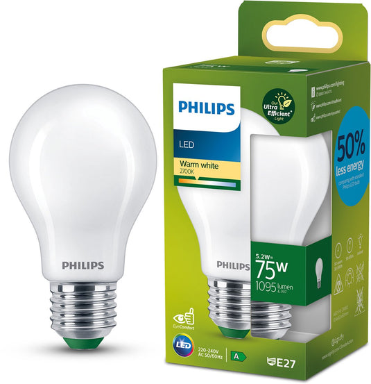 Philips led philips ultraefficient led lamp - mat - 75w - e27 fitting - warmwit licht: 2700k - bespaar op energiekosten