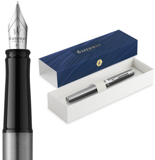 Waterman impression vulpen | medium vulpenpunt met blauwe inktvulling | roestvrij staal met palladium-gecoate afwerking | geschenkdoos