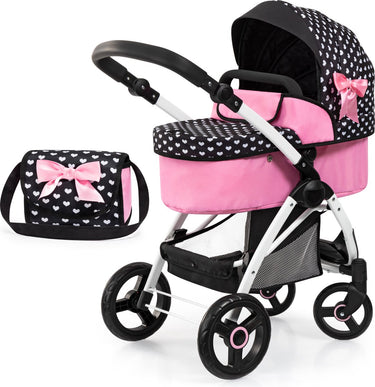 Bayer design poppenwagen city max met tas, in hoogte verstelbaar, zwenkwielen voor, omvormbaar tot buggy, geïntegreerde mand in zwart wit roze