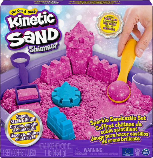 Kinetic sand shimmer - zandkasteel-set met 453 g roze glinsterend origineel 3 vormpjes en 2 stuks gereedschap - sensorisch speelgoed