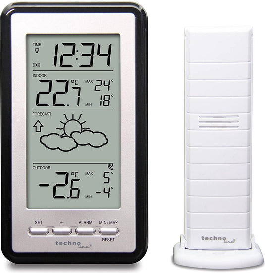 Technoline ws 9130 - weerstation - tafel of wandstation - binnen en buiten temperatuur - radiogestuurde tijdsaanduiding - alarm - snooze - zilverkleurig - zwart