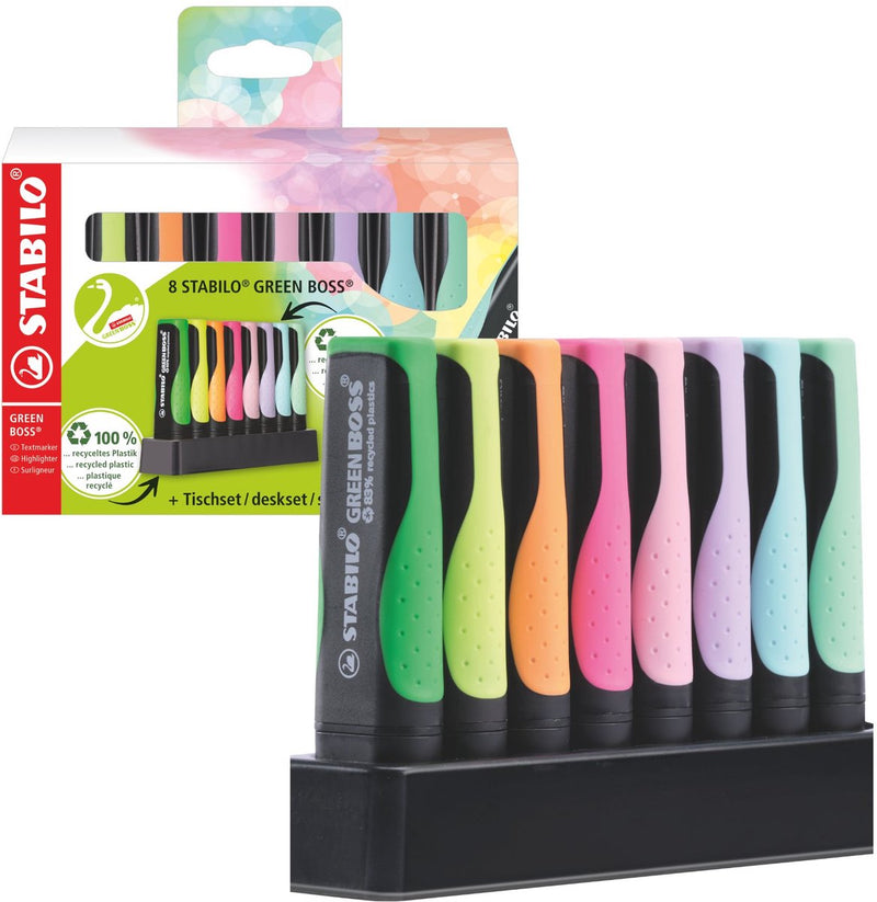Load image into Gallery viewer, Stabilo green boss pastel - markeerstift - gemaakt van 83% gerecycled plastic - 8 stuks deskset - 4 standaard + 4 pastel kleuren
