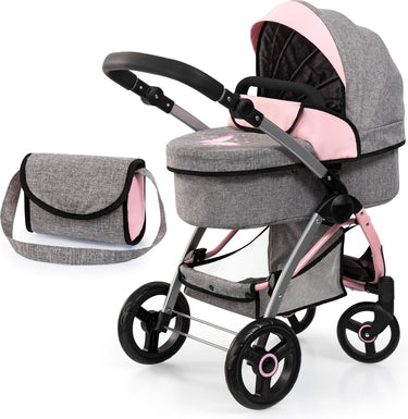 Bayer design city max poppenwagen met tas, in hoogte verstelbaar, zwenkbare voorwielen, kan worden omgebouwd tot een jogger, geïntegreerde mand, jeans-grijs, roze