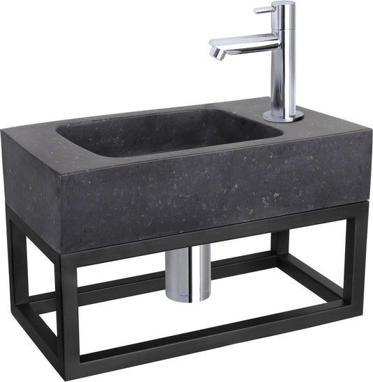 Differnz fonteinset bombai black - natuursteen - kraan recht chroom - met handdoekrek - 40 x 22 x 9 cm