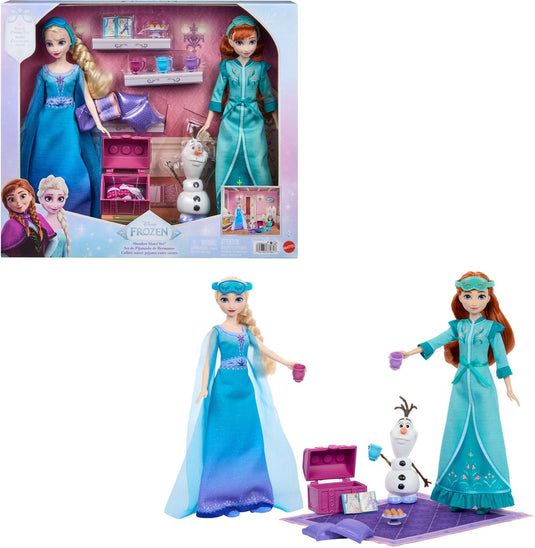 Mattel disney frozen slaapfeestje van zussen - met modepoppen anna en elsa en olaf - 14 accessoires