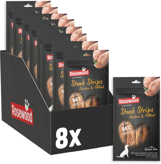 Rosewood steak strips kip koolvis - hondensnack - zacht vetarm - hoog vlees- en visgehalte - zonder kunstmatige toevoegingen - 8 zakjes à 100g