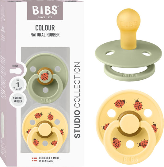 Bibs colour studio speen verpakking van 2 stuks. bpa-vrij, ronde speen. natuurlijk rubberlatex, gemaakt in denemarken, maat 1 (0-6 maanden), sage pale butter