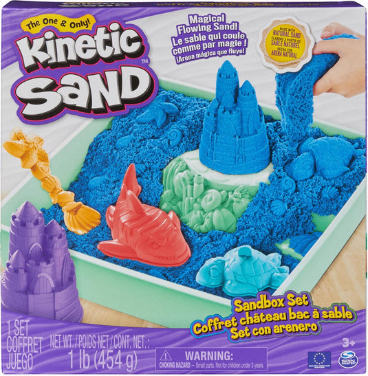 Kinetic sand - zandbak-set met 454 g blauw origineel - opbergzandbak 4 vormen en gereedschap - sensorisch speelgoed