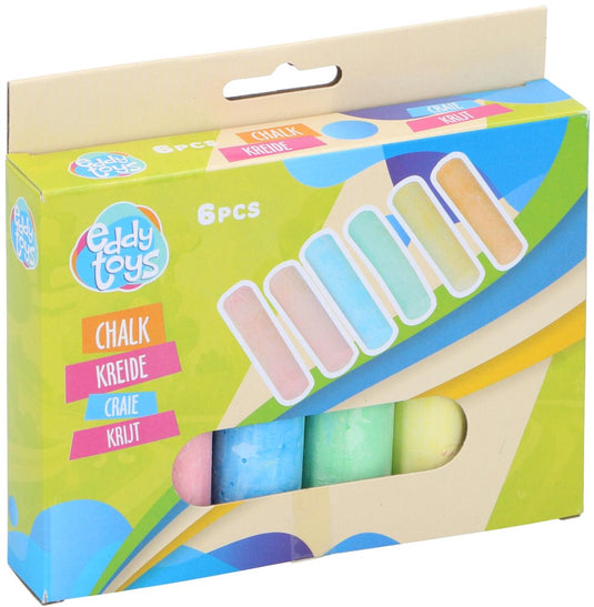 Eddy toys krijt - 30020 - 10,5x2,5x2,2 cm - stoepkrijt 6 stuks - gekleurd krijt voor buiten - pastel stoepkrijt voor kinderen 2+ - roze, blauw, groen, geel en oranje