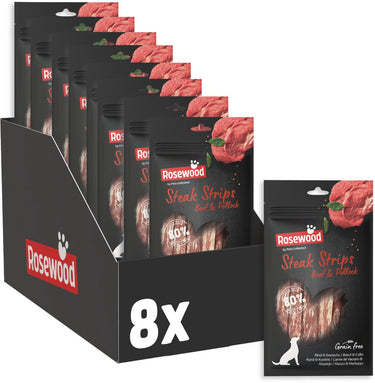 Rosewood steak strips rund koolvis - hondensnack - zacht vetarm - hoog vlees- en visgehalte - zonder kunstmatige toevoegingen - 8 zakjes à 100g