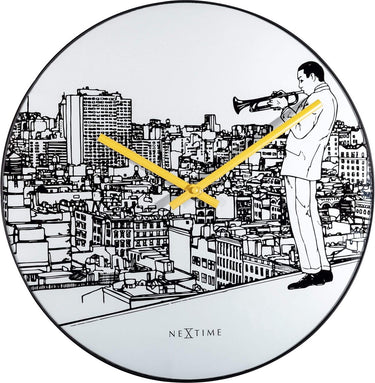 Nextime trumpet city – stille wandklok – 40 cm – glas metaal – wit