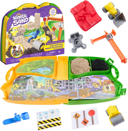 Kinetic sand - bouwterrein speelset met kneedbaar speelzand - 453 g speelzand, 2 speelgoedtrucks, kraan, gereedschap en opbergdoos - sensorisch speelgoed