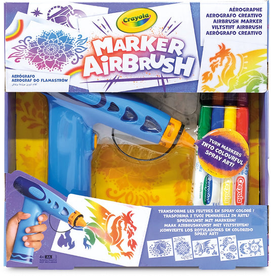 Crayola marker airbrush - hobbypakket - creatieve verfspuit voor kinderen met 8 uitwasbare stiften en 5 sjablonen - educatief speelgoed voor kunstactiviteiten - vanaf 6 jaar