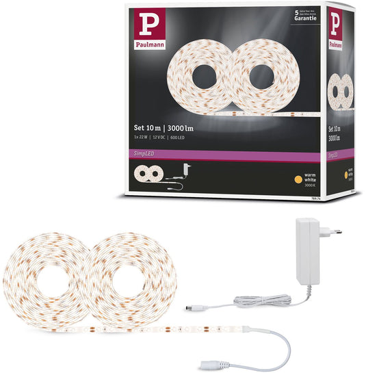 Paulmann simpled led strip 10 meter warm wit 3000k - plug play set - 22w - 300 lm m - 60 leds m - voor binnen - gecoat