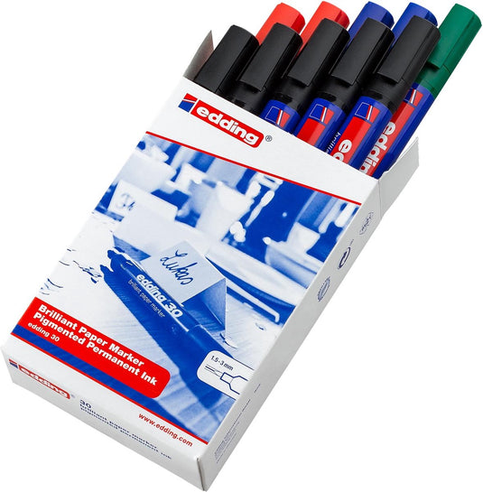 Edding 30 brilliant paper marker - ronde punt 1,5-3 mm - 10 stuks met 4 verschillende kleuren - ideaal om op papier te schrijven - drukt niet door op papier