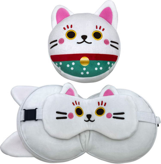 Puckator reiskussen slaapmasker - relaxeazzz maneki neko gelukskat rond - wit - 16x15,5x10,5cm 15,5x28,5x7cm