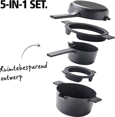 Brabantia compact all-in-one-set – stapelbare 5-delige pannenset camping - 22cm kookpan – 22cm koekenpan- 16cm steelpan- trendy design-stapelbaar - 100% pfas-vrij – 100% gerecycleerd - anti-aanbaklaag- aluminium- - incl. onderzetters - zwart