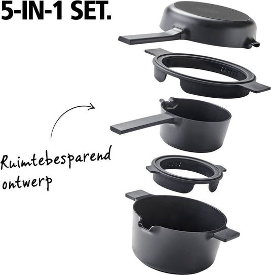 Brabantia compact all-in-one-set – stapelbare 5-delige pannenset camping - 22cm kookpan – 22cm koekenpan- 16cm steelpan- trendy design-stapelbaar - 100% pfas-vrij – 100% gerecycleerd - anti-aanbaklaag- aluminium- - incl. onderzetters - zwart