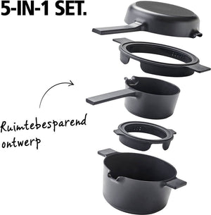 Brabantia compact stapelbare 5-delige pannenset camping - kookpannenset 5-delig - pfas-vrij - geschikt voor inductie - zwart