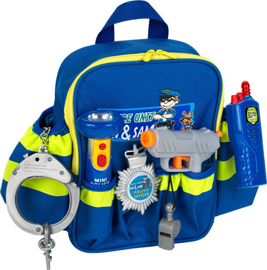 Klein toys politieagent rugzak - 28x25x8,5 cm - incl. accessoires, verstelbare riemen en een grote opening voor het makkelijk pakken en opbergen - blauw geel